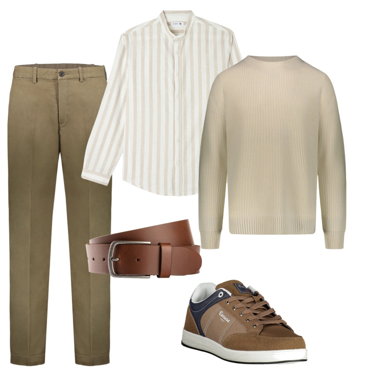 Outfit uomo - La camicia a righe. Stile Casual per Ufficio. Abbinamento con cinture, camicie, maglieria, pantaloni, sneakers.