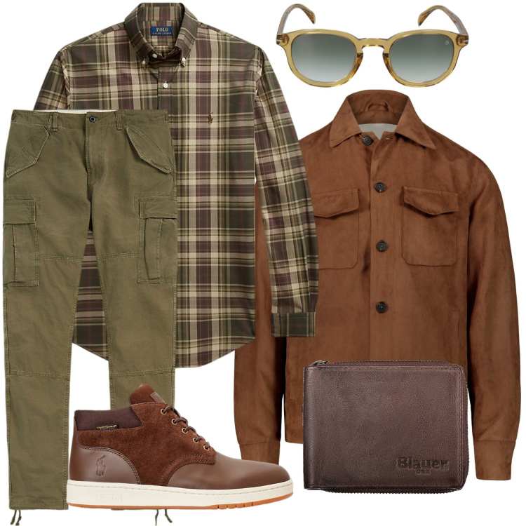 Outfit uomo - Tempo di castagne. Abbinamento con giacche, pantaloni cargo, stivali, camicie, occhiali da sole, portafogli.