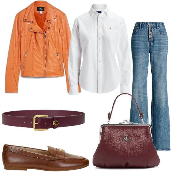 Outfit donna - Per la prossima stagione. Stile Trendy per Tutti i giorni. Abbinamento con blazer, camicie, jeans, mocassini, cinture, borse a mano.