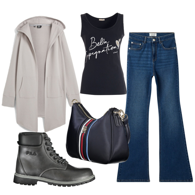 Outfit donna - Il jeans Flare. Stile Urban per Tutti i giorni. Abbinamento con blazer, jeans a zampa, canottiere, borse a tracolla, stivali.