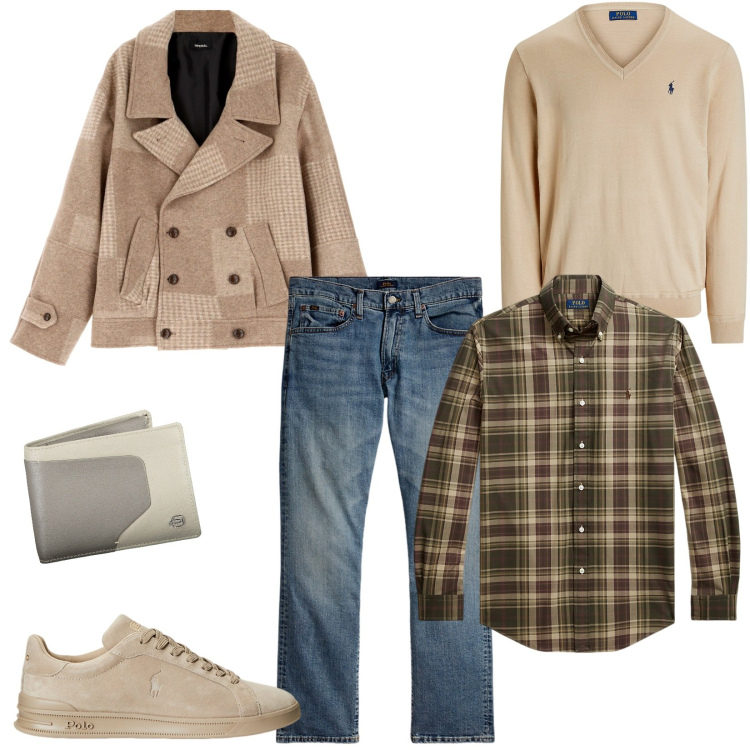 Outfit uomo - Beige per l\'autunno. Stile Casual per Tutti i giorni. Abbinamento con cappotti, sneakers, maglieria, jeans dritti, camicie, portafogli.