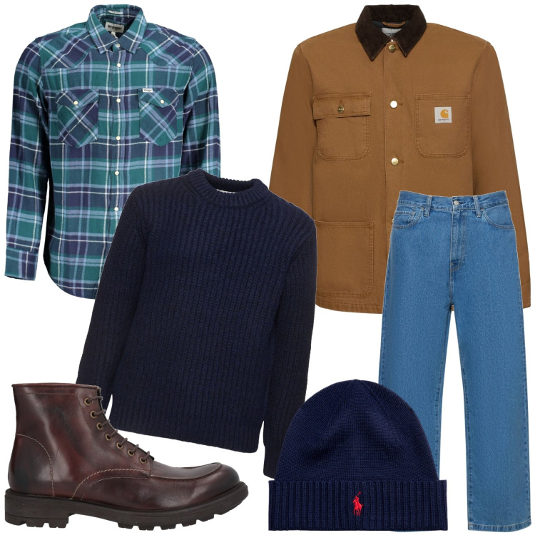 Outfit uomo - Stratificazione. Abbinamento con berretti, stivali e stivaletti, pantaloni, cappotti, maglieria, camicie.
