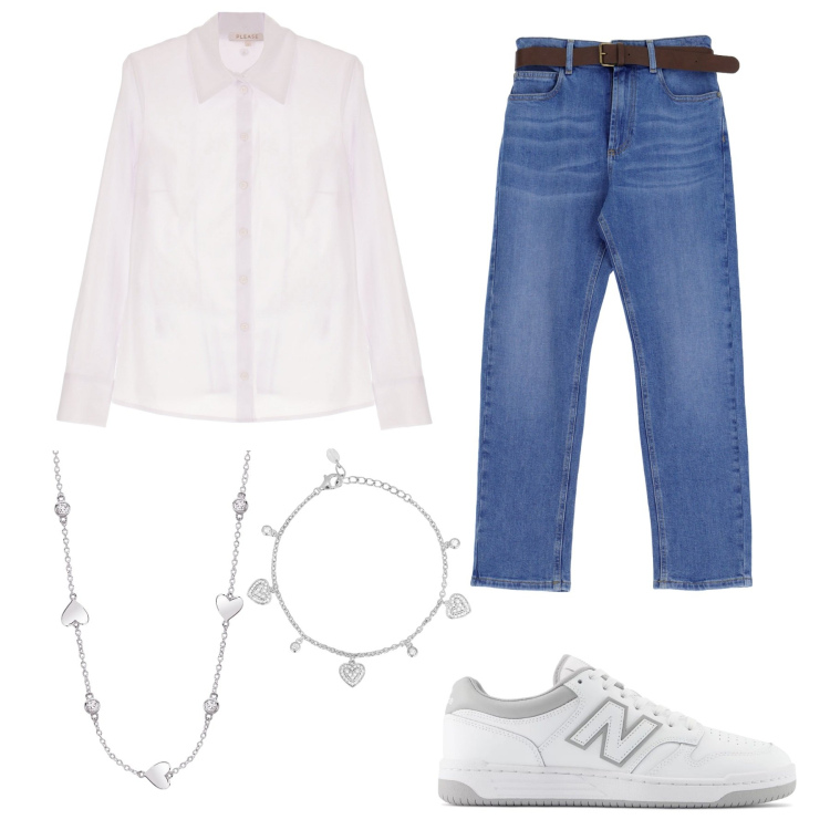 Outfit donna - La camicia bianca. Stile Casual chic per Tutti i giorni. Abbinamento con camicie, jeans dritti, collane, braccialetti, sneakers.