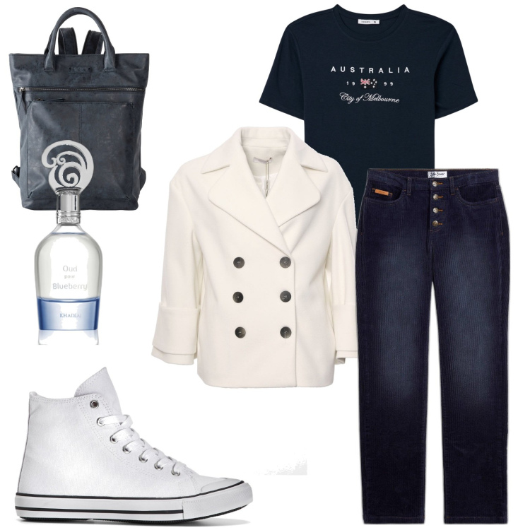 Outfit donna - Total look #1975042. Stile Casual per Tutti i giorni. Abbinamento con pantaloni, sneakers alte, zaini, profumi, t-shirt, cappotti.
