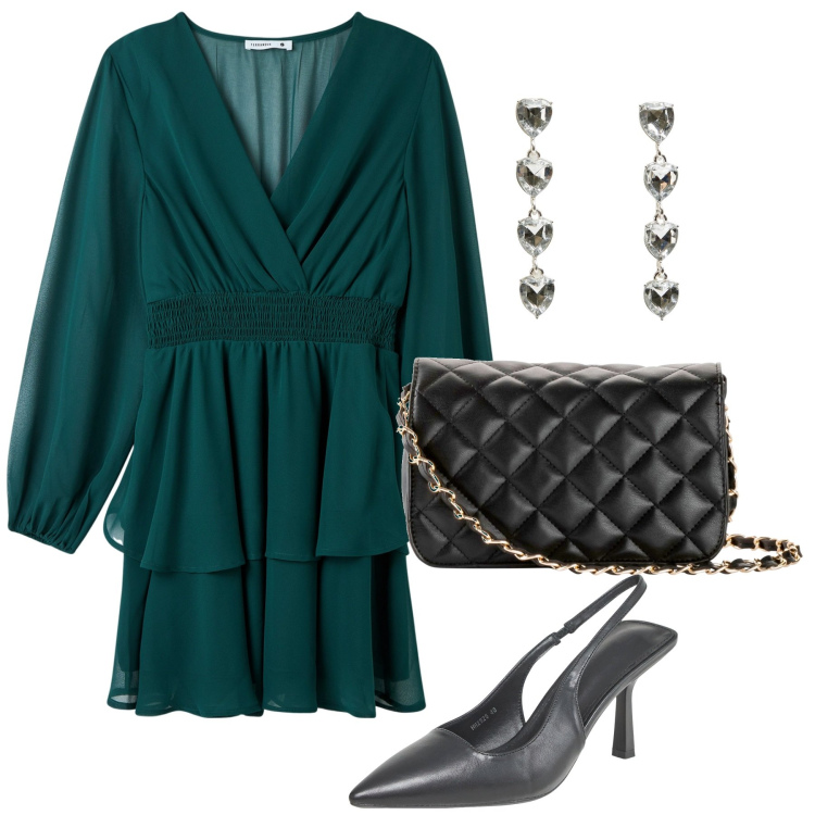 Outfit donna - Occasione formale. Stile Chic per Cerimonia. Abbinamento con borse a tracolla, orecchini, vestiti, décolleté.