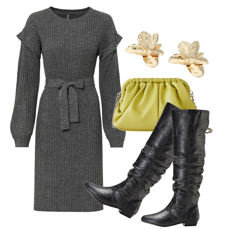Outfit donna - L\'abito in maglia. Stile Chic per Tutti i giorni. Abbinamento con stivali sopra il ginocchio, vestiti, borse a tracolla, orecchini.