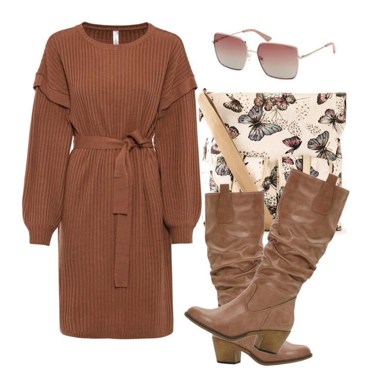 Outfit donna - Stavolta caramello. Stile Chic per Ufficio. Abbinamento con stivali, vestiti, borse a tracolla, occhiali da sole.