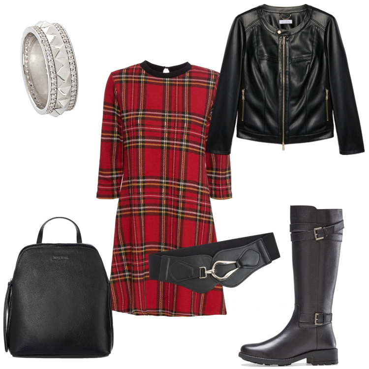 Outfit donna - L\'abito in tessuto scozzese. Stile Rock per Serata fuori. Abbinamento con vestiti corti, stivali, cinture, anelli, zaini, blazer.