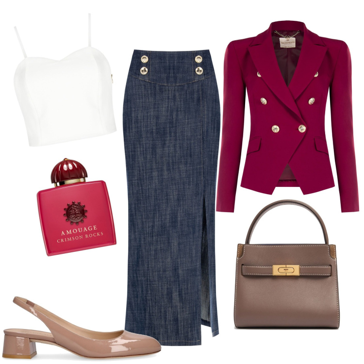 Outfit donna - Shopping in città. Stile Casual chic per Tutti i giorni. Abbinamento con profumi, gonne lunghe, blazer, top, décolleté, borse a mano.