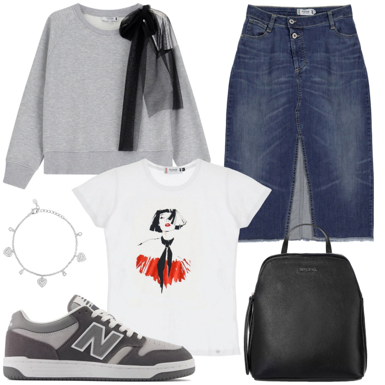 Outfit donna - Denim lovers. per Scuola/Università. Abbinamento con braccialetti, sneakers, felpe, gonne, t-shirt, zaini.