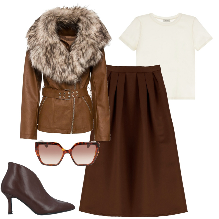 Outfit donna - City. Stile Trendy per Tutti i giorni. Abbinamento con blazer, stivaletti, gonne lunghe, t-shirt, occhiali da sole.