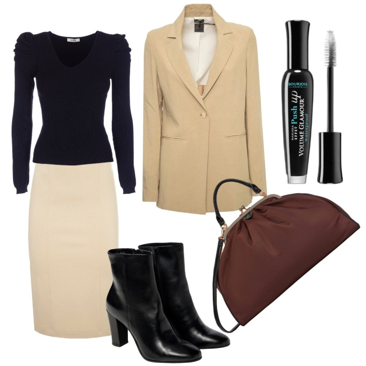Outfit donna - Total look #1975077. Stile Bon Ton per Tutti i giorni. Abbinamento con mascara, maglieria, gonne, blazer, stivaletti, borse a spalla.
