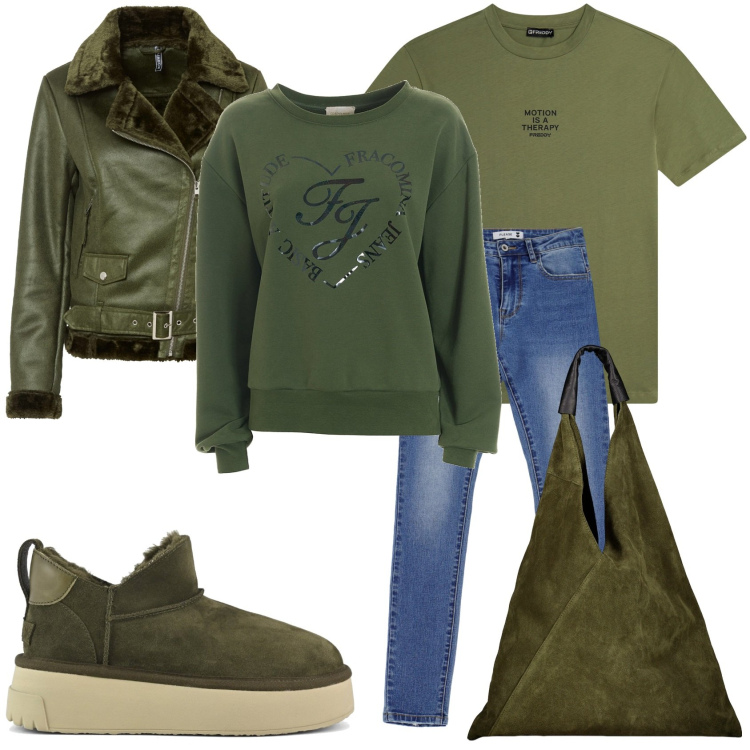 Outfit donna - Il verde malva per la città. Stile Casual chic per Tutti i giorni. Abbinamento con blazer, jeans skinny, felpe, t-shirt, stivali, borse a spalla.
