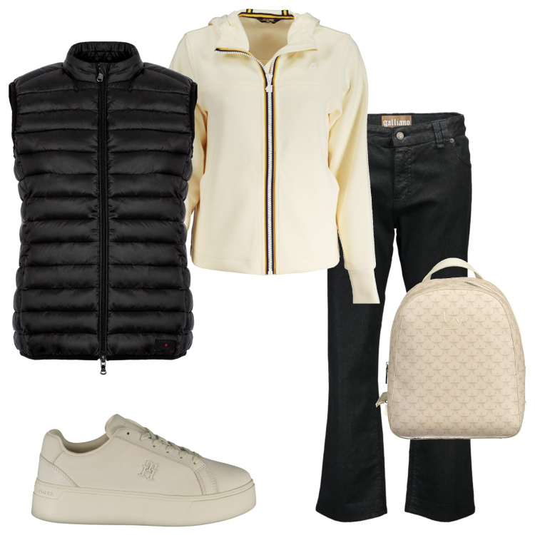 Outfit donna - Ancora sconti. Stile Casual per Tutti i giorni. Abbinamento con piumini, felpe con cappuccio, sneakers, pantaloni capri, zaini.