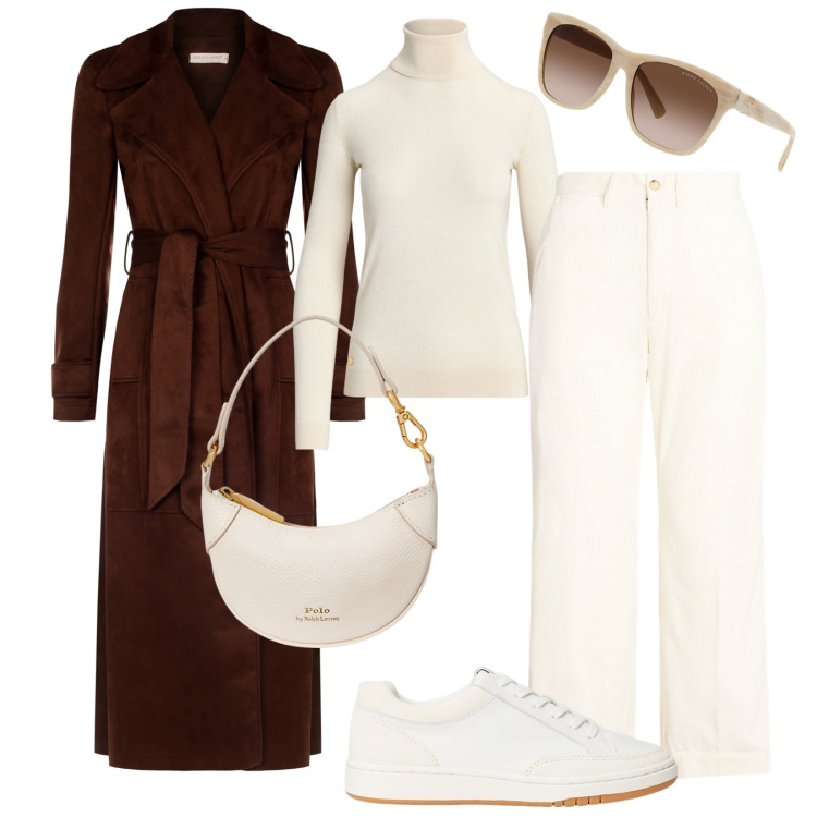 Outfit donna - Il trench lungo. Stile Casual chic per Tutti i giorni. Abbinamento con trench, maglieria, occhiali da sole, sneakers, portafogli, pantaloni.