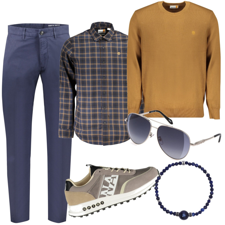 Outfit uomo - Layering atrategico. Stile Casual per Tutti i giorni. Abbinamento con braccialetti, sneakers, maglieria, occhiali da sole, pantaloni, camicie.