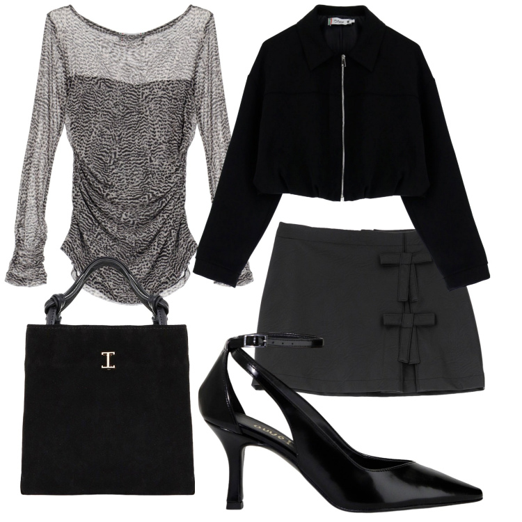 Outfit donna - Please style. Stile Casual chic per Serata fuori. Abbinamento con minigonne, top, blazer, shopping bag, décolleté.