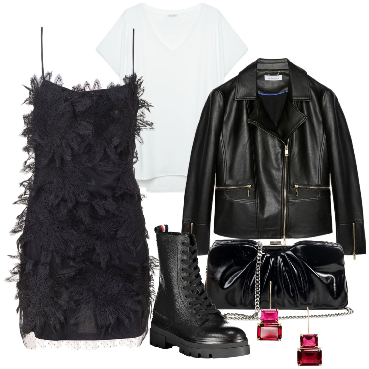 Outfit donna - Notte rock. Stile Rock per Serata fuori. Abbinamento con pochette, vestiti senza maniche, orecchini, t-shirt, stivali, blazer.