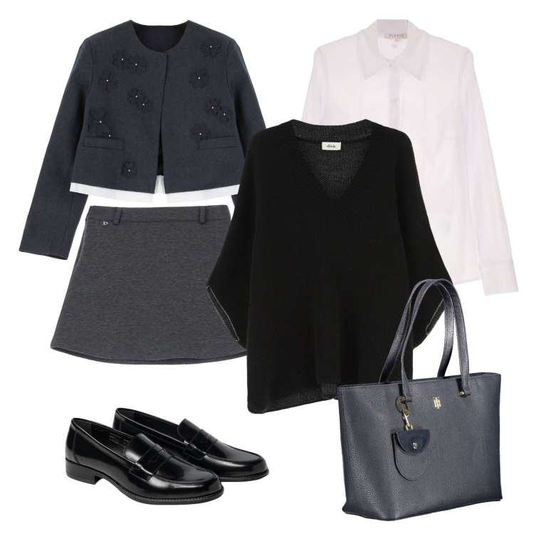 Outfit donna - Minigonna e bolerino con i fiori. Stile Glamour per Tutti i giorni. Abbinamento con camicie, minigonne, blazer, cappotti, borse a spalla, mocassini.