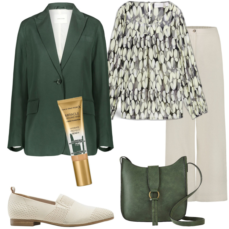 Outfit donna - Total look #1975189. Stile Chic per Ufficio. Abbinamento con bluse, borse a tracolla, mocassini, fondotinta, blazer, pantaloni.