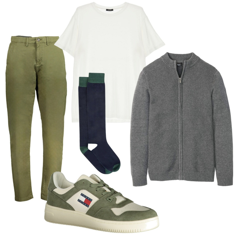Outfit uomo - Total look #1975193. Stile Casual per Tutti i giorni. Abbinamento con cardigans, t-shirt, calzini, pantaloni, sneakers.