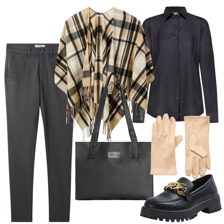 Outfit donna - Autunno in saldo 2024. Stile Preppy per Ufficio. Abbinamento con pantaloni chino, mocassini, cappe, guanti, shopping bag, camicie.