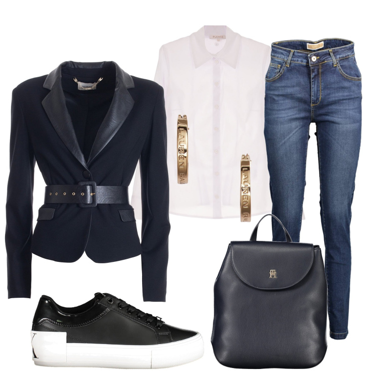 Outfit donna - Giacca con cintura. Stile Casual per Tutti i giorni. Abbinamento con camicie, blazer, orecchini, sneakers, zaini, jeans.