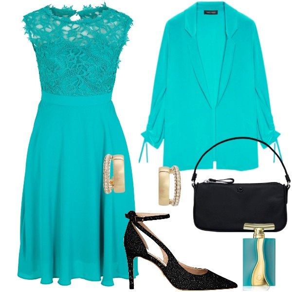 Outfit donna - Cerimonia sopra la 50. Stile Bon Ton per Cerimonia. Abbinamento con vestiti, profumi, décolleté, pochette, orecchini, blazer.