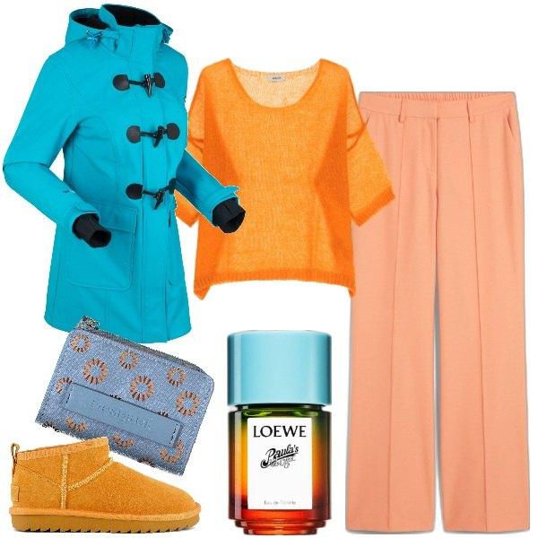 Outfit donna - Arancione e azzurro. Stile Sporty chic per Tutti i giorni. Abbinamento con montgomery, pantaloni, profumi, pullovers, stivali, portafogli.