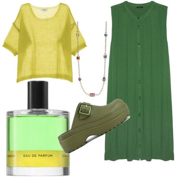 Outfit donna - Verde e giallo. Stile Casual per Tutti i giorni. Abbinamento con profumi, collane, pullovers, sandali, vestiti lunghi.