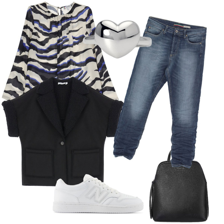 Outfit donna - In giro per la città. Stile Casual chic per Tutti i giorni. Abbinamento con anelli, sneakers, camicie, blazer, jeans, zaini.