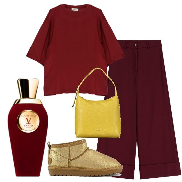 Outfit donna - Burgundy e oro. Stile Minimal per Tutti i giorni. Abbinamento con profumi, pantaloni, maglieria, stivali, borse a spalla.