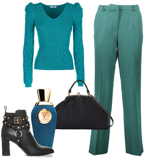 Outfit donna - IL ritorno del pullover. Stile Trendy per Ufficio. Abbinamento con profumi, maglieria, stivaletti, pantaloni, borse a tracolla.