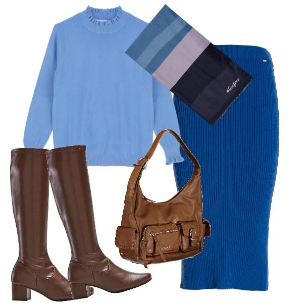 Outfit donna - Il ritorno del pullover. Stile Basic per Ufficio. Abbinamento con stivali, gonne longuette, maglieria, sciarpe, borse a spalla.