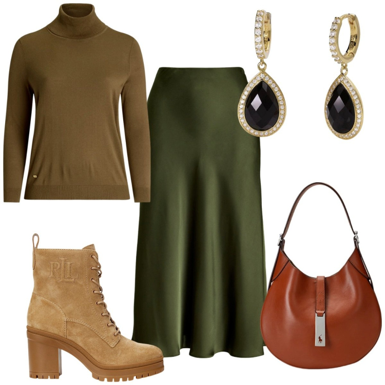 Outfit donna - Total look #1975231. Stile Trendy per Tutti i giorni. Abbinamento con orecchini, borse a spalla, stivaletti, gonne, maglieria.