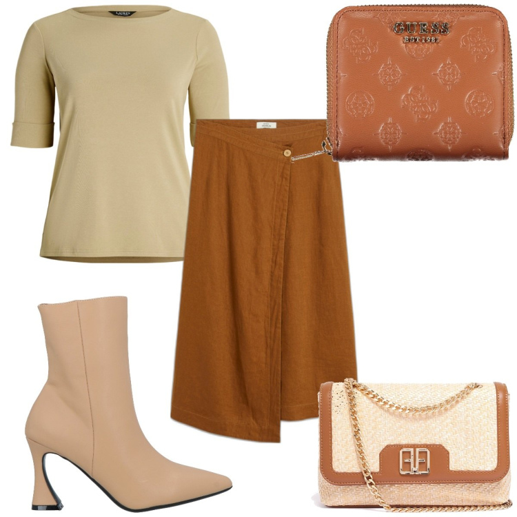 Outfit donna - Total look #1975234. Stile Trendy per Tutti i giorni. Abbinamento con gonne, stivaletti, borse a tracolla, top, portafogli.