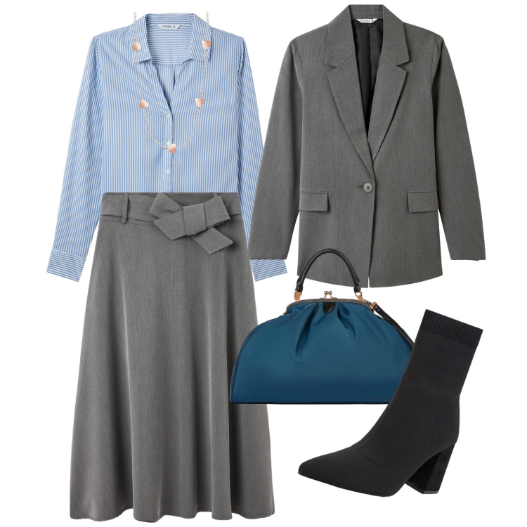Outfit donna - Coordinato in grigio. Stile Bon Ton per Ufficio. Abbinamento con collane, blazer, gonne lunghe, camicie, stivaletti, borse a spalla.