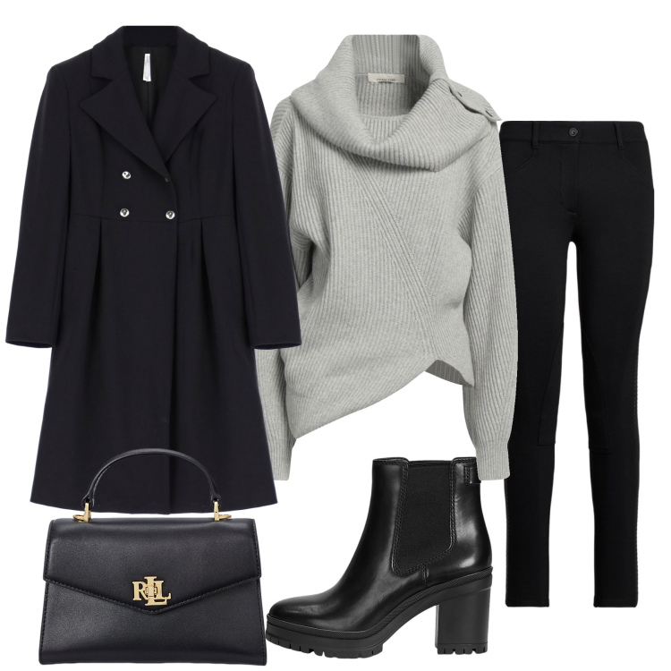 Outfit donna - Total black. Stile Casual per Tutti i giorni. Abbinamento con maglieria, cappotti, borse a mano, pantaloni, stivaletti chelsea.