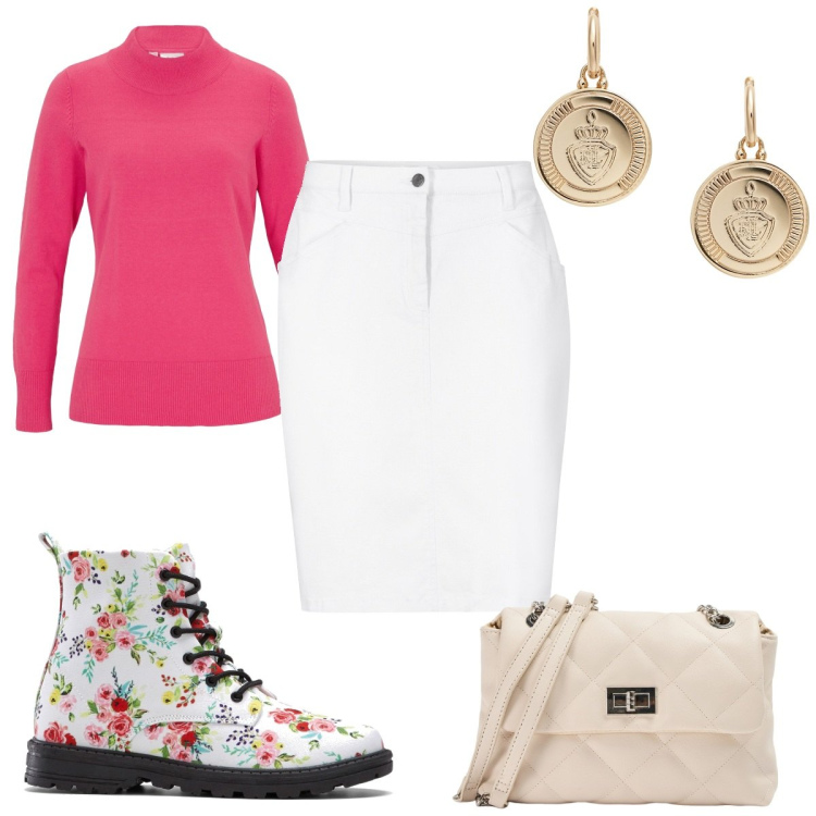 Outfit donna - Total look #1975239. Stile Trendy per Tutti i giorni. Abbinamento con gonne, maglieria, stivaletti, borse a spalla, orecchini.