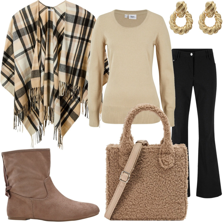 Outfit donna - In giro per la città. Stile Glamour per Tutti i giorni. Abbinamento con maglieria, pantaloni, stivaletti, cappe, shopping bag, orecchini.