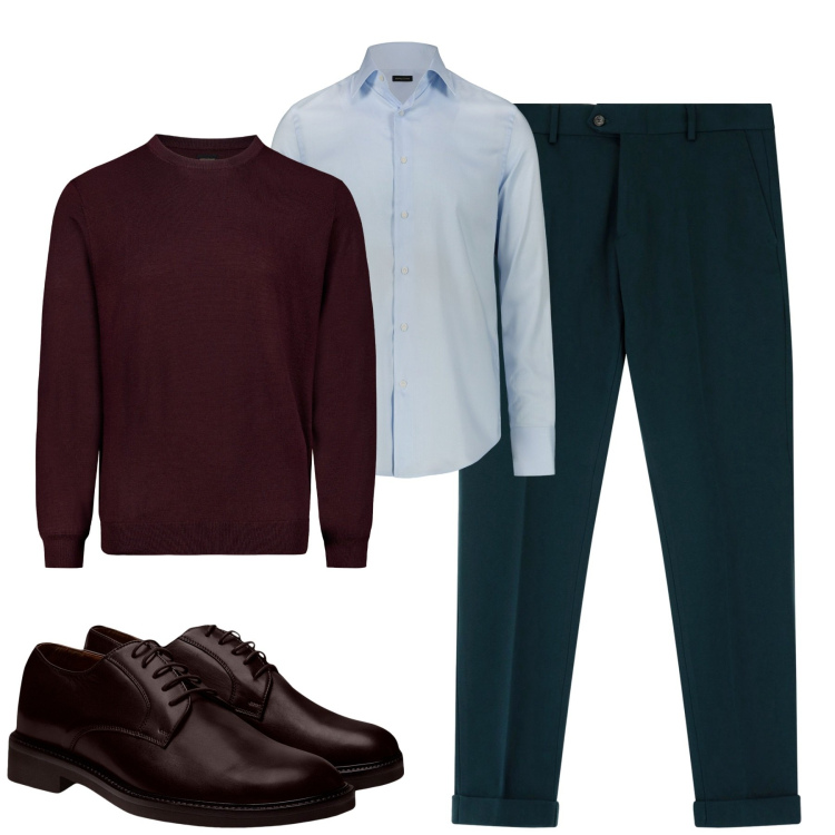 Outfit uomo - In ufficio. Stile Business/Elegante per Ufficio. Abbinamento con pantaloni, maglieria, scarpe stringate, camicie.