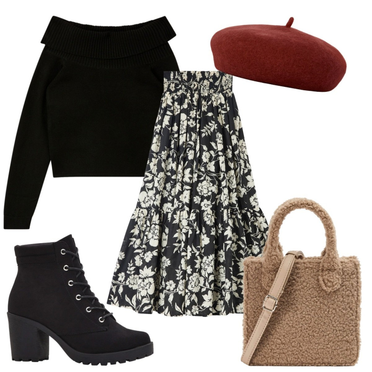 Outfit donna - Total look #1975251. Stile Trendy per Tutti i giorni. Abbinamento con stivaletti, gonne lunghe, maglieria, shopping bag, cappelli e berretti.
