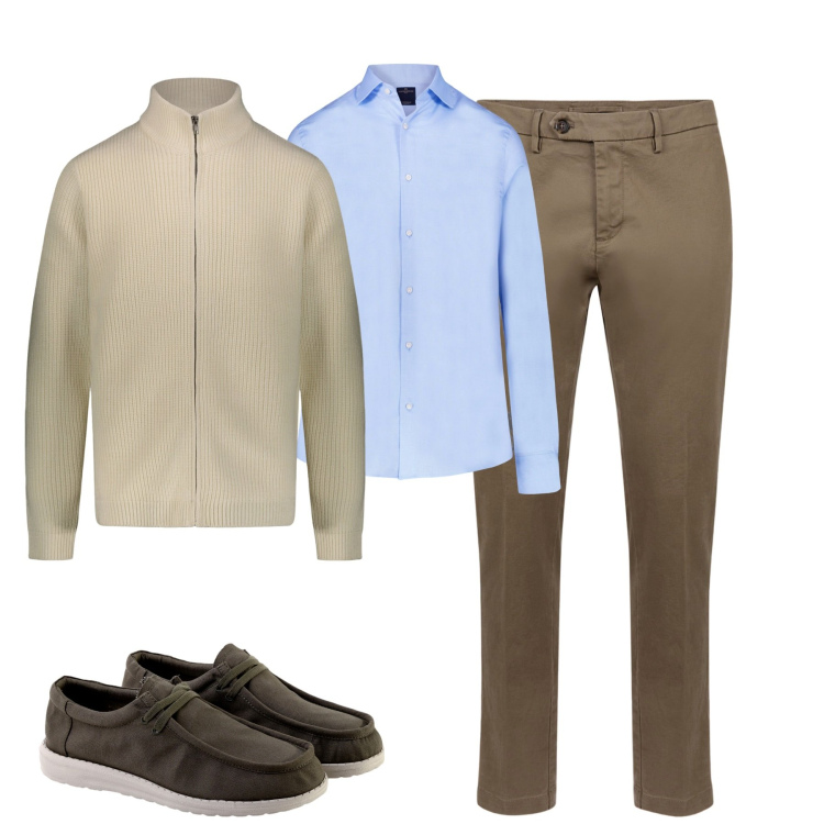 Outfit uomo - City. Stile Urban per Tutti i giorni. Abbinamento con camicie, pantaloni chino, cardigans, scarpe stringate.