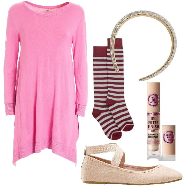 Outfit donna - Comoda a casa. Stile Basic per Tutti i giorni. Abbinamento con ballerine, correttori, cerchietti, vestiti asimmetrici, collant.