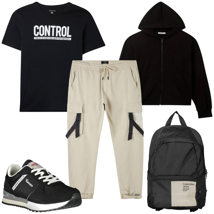 Outfit uomo - I cargo. Stile Urban per Tutti i giorni. Abbinamento con pantaloni cargo, t-shirt, felpe con cappuccio, sneakers, borse sportive.