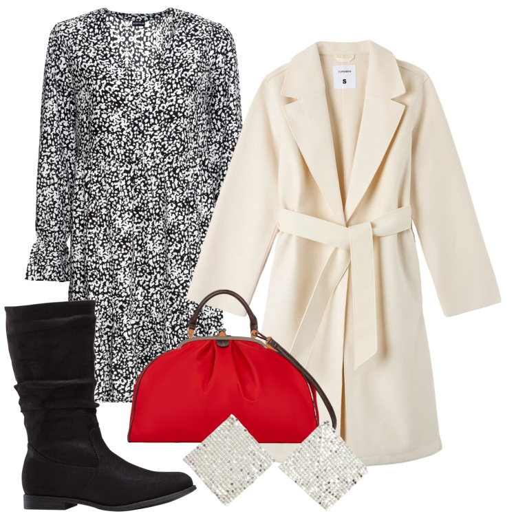 Outfit donna - Una visita. Stile Bon Ton per Tutti i giorni. Abbinamento con stivali, vestiti corti, orecchini, cappotti, borse a spalla.