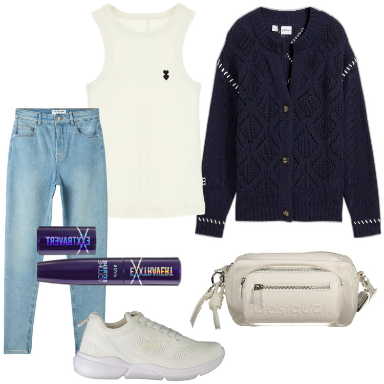Outfit donna - Total look #1975299. Stile Casual per Tutti i giorni. Abbinamento con cardigans, mascara, jeans skinny, canottiere, sneakers, borse a spalla.