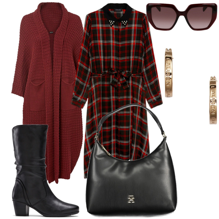 Outfit donna - Vestito lungo scozzese. Stile Casual chic per Tutti i giorni. Abbinamento con stivali, cardigans, orecchini, vestiti asimmetrici, borse a spalla, occhiali da sole.
