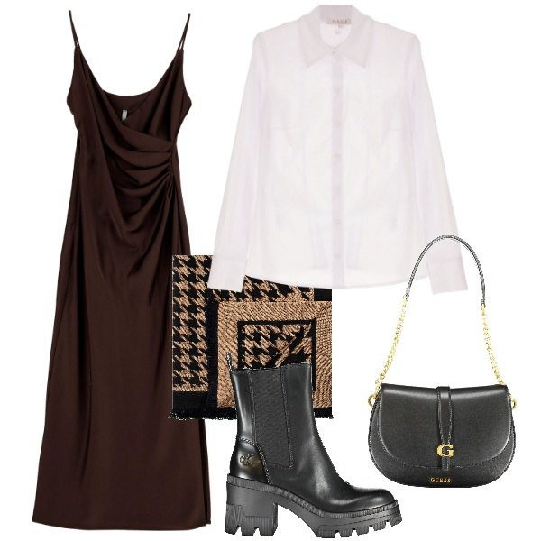 Outfit donna - Sovrapposizioni. Stile Glamour per Serata fuori. Abbinamento con camicie, sciarpe, vestiti midi/longuette, stivali, borse a spalla.