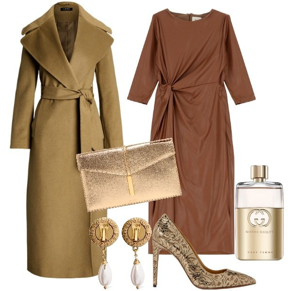 Outfit donna - Cerimonia col cappotto. Stile Bon Ton per Cerimonia. Abbinamento con profumi, vestiti, décolleté, cappotti, orecchini, clutch.